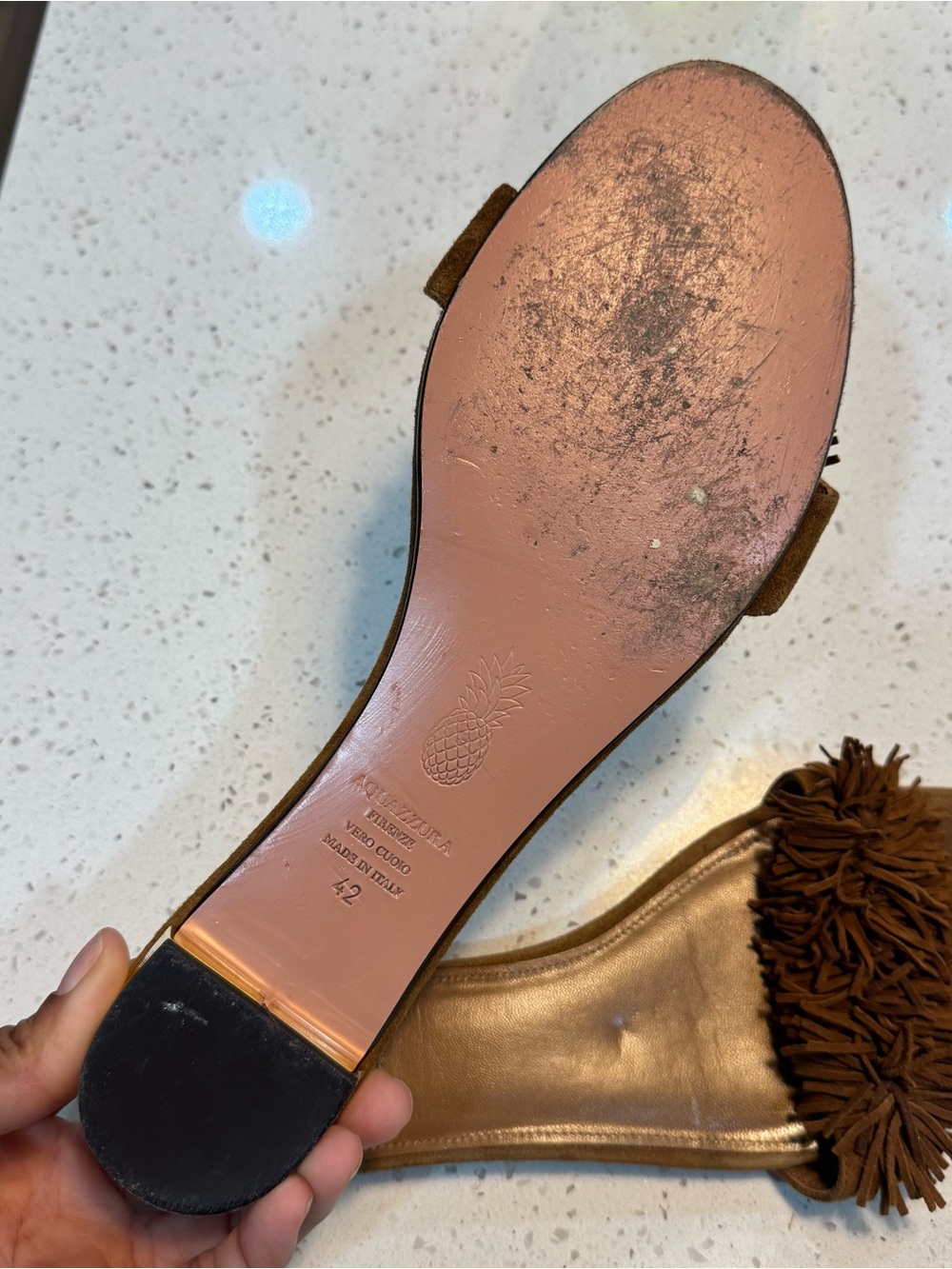 100% AUTH Aquazzura Brown Suede Fringe Slide Sandals - Picture 3 of 5